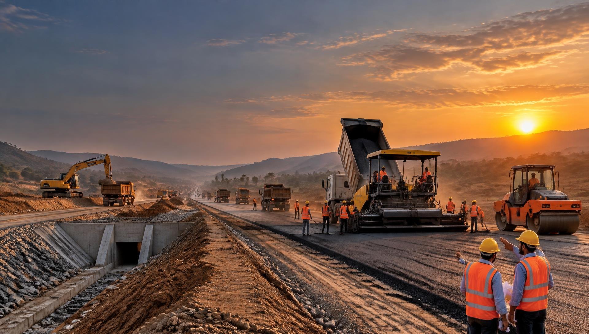 Road construction with heavy machinery and civil engineering team in Maharashtra